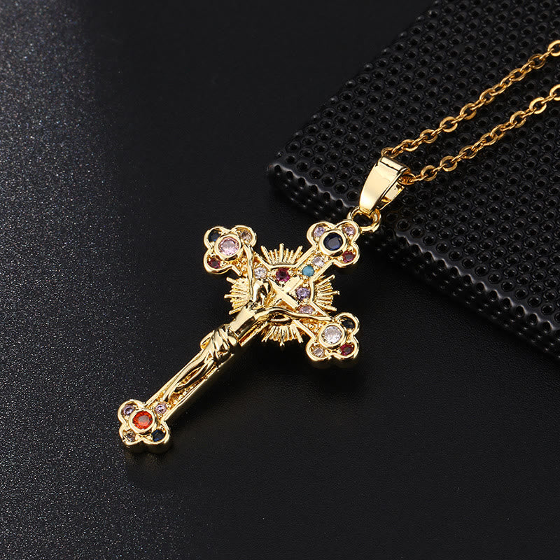 Fresh Pastoral Style Crucifix with Biblical Colorful Gemstones Pendant Necklace