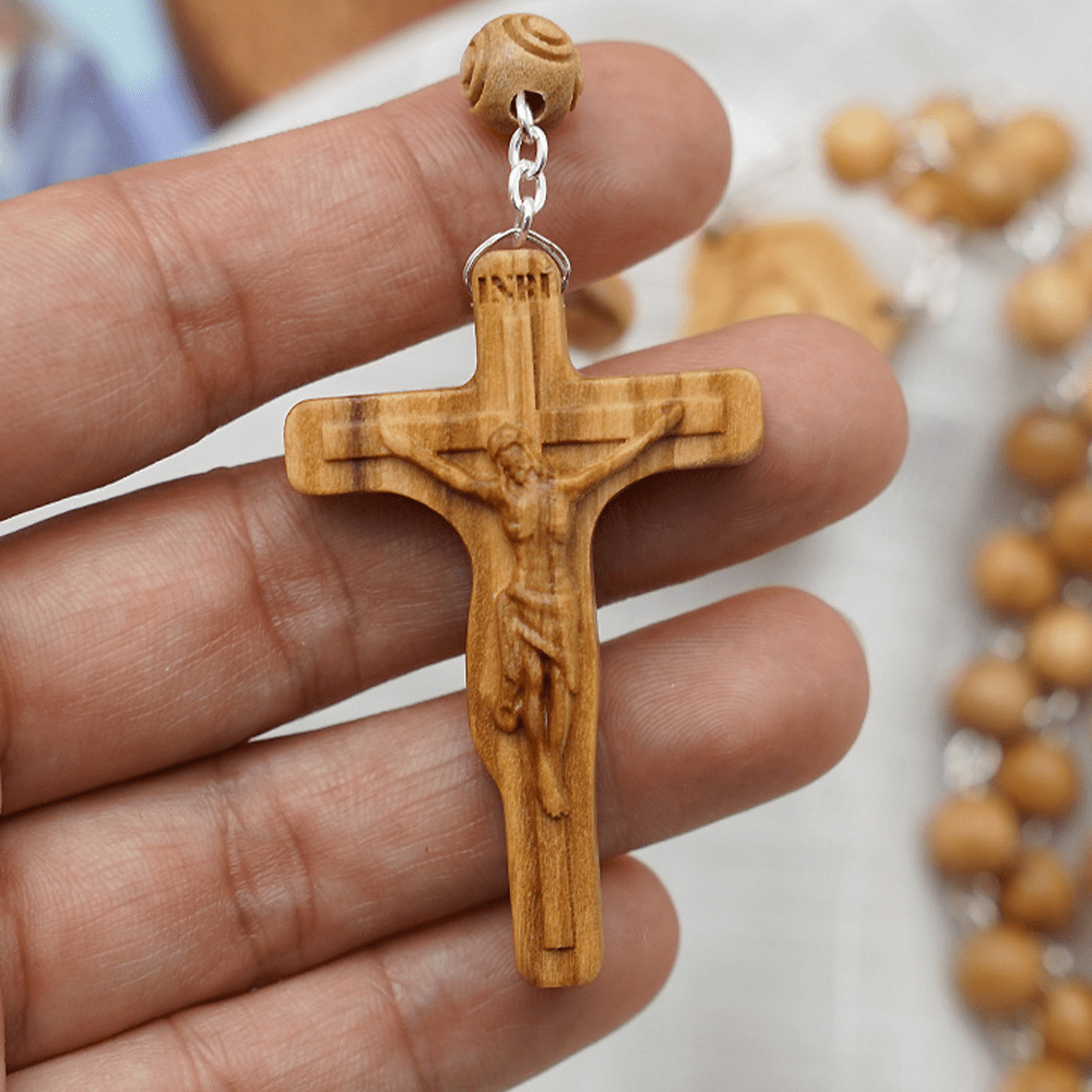 Madonna and Child & Crucifix of 8 mm Round Multicolor Olive Wood Alloy Chain Rosary