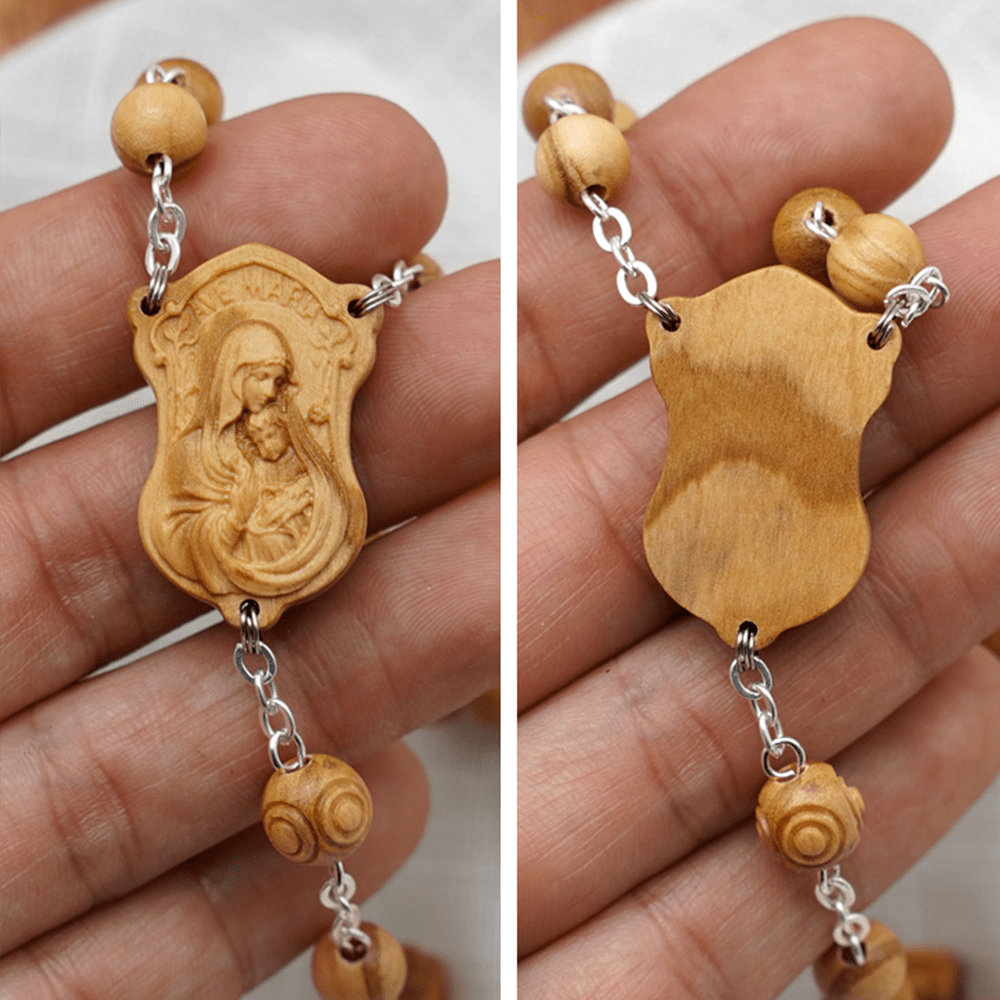 Madonna and Child & Crucifix of 8 mm Round Multicolor Olive Wood Alloy Chain Rosary