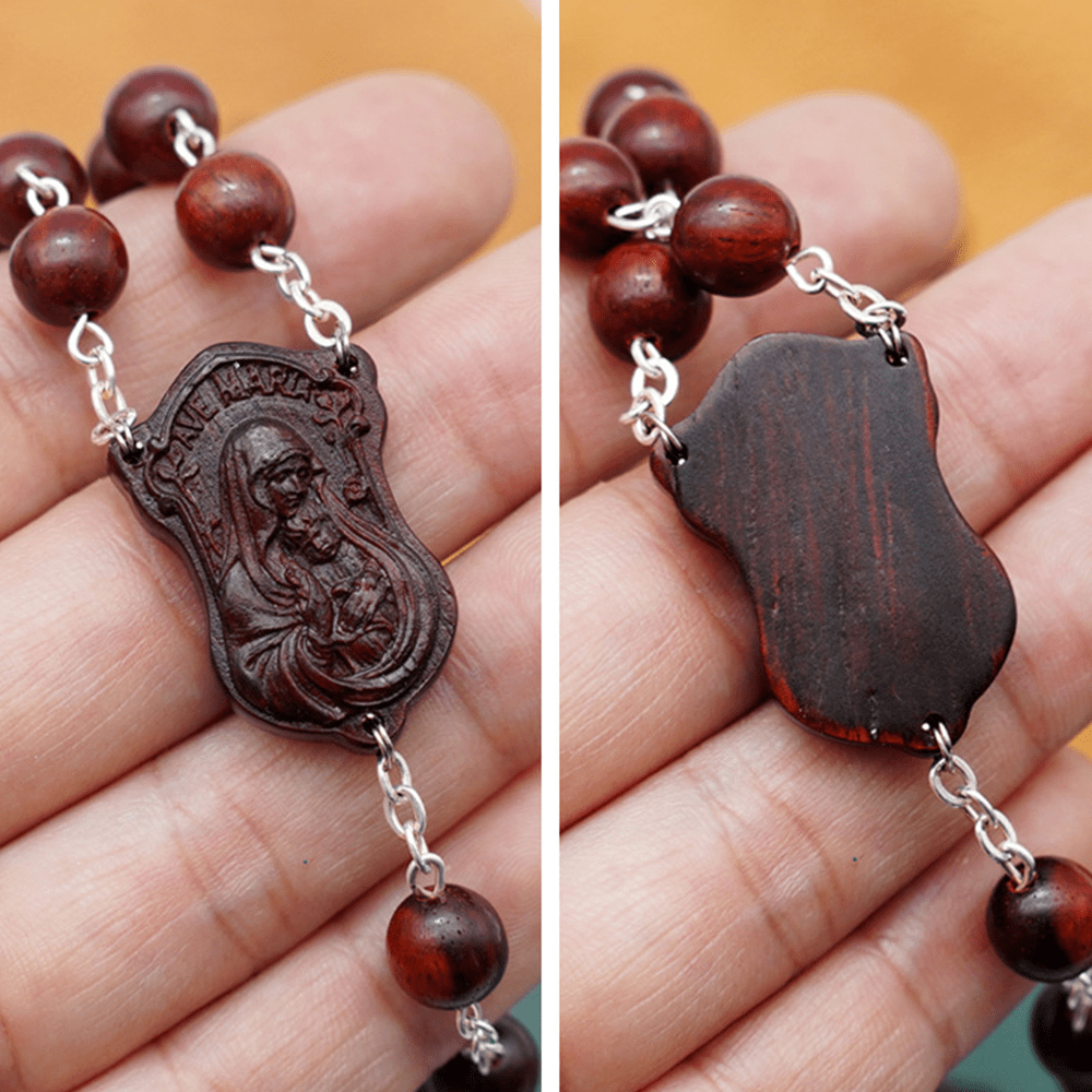Madonna and Child & Crucifix of 8 mm Round Multicolor Olive Wood Alloy Chain Rosary