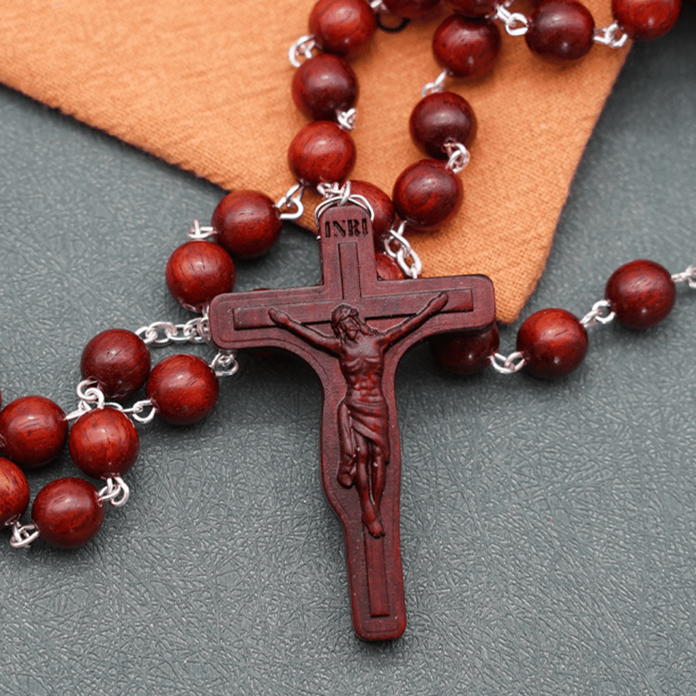 Madonna and Child & Crucifix of 8 mm Round Multicolor Olive Wood Alloy Chain Rosary