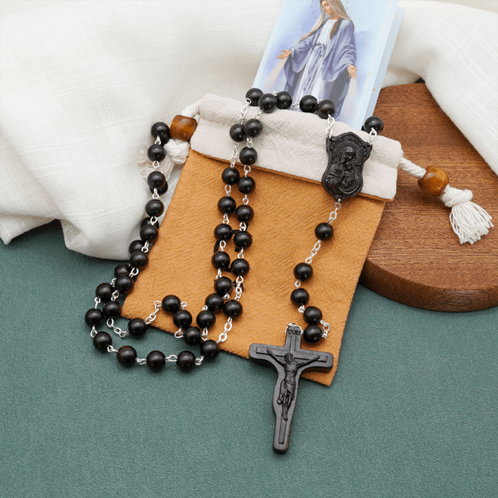 Madonna and Child & Crucifix of 8 mm Round Multicolor Olive Wood Alloy Chain Rosary