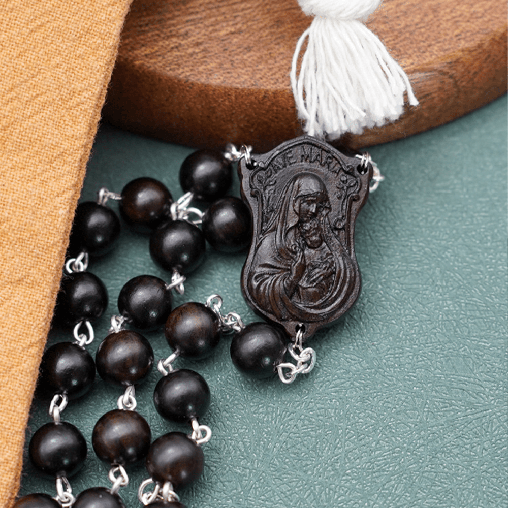 Madonna and Child & Crucifix of 8 mm Round Multicolor Olive Wood Alloy Chain Rosary