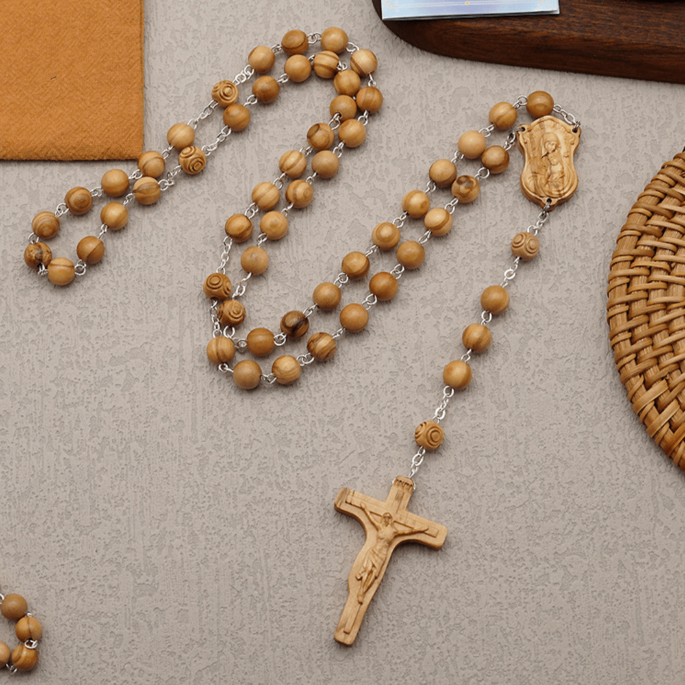 Madonna and Child & Crucifix of 8 mm Round Multicolor Olive Wood Alloy Chain Rosary
