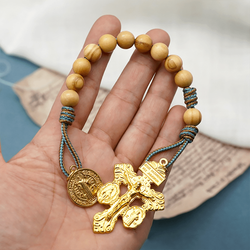 St. Benedict Medal & Crucifix of 10 mm Round Golden Olive Wood Nylon Cord Pocket Rosary