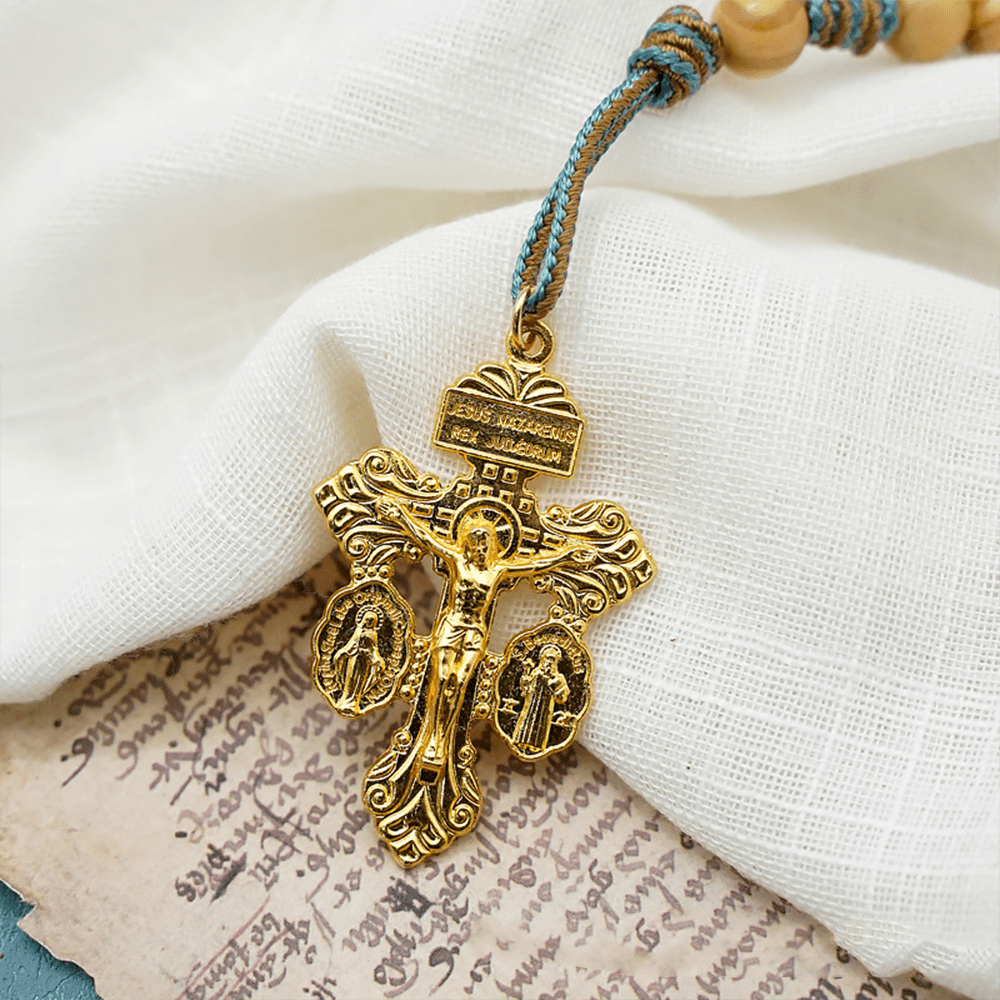 St. Benedict Medal & Crucifix of 10 mm Round Golden Olive Wood Nylon Cord Pocket Rosary
