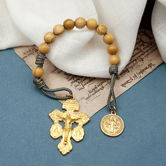 St. Benedict Medal & Crucifix of 10 mm Round Golden Olive Wood Nylon Cord Pocket Rosary