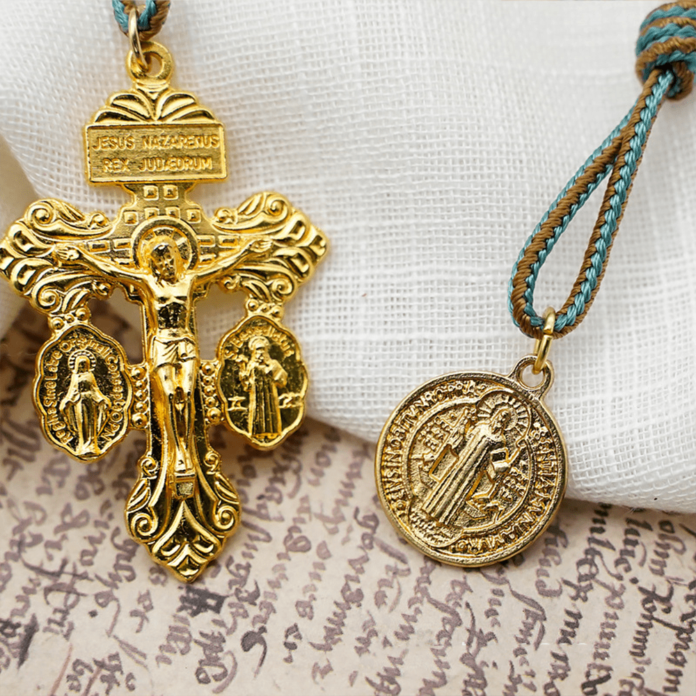 St. Benedict Medal & Crucifix of 10 mm Round Golden Olive Wood Nylon Cord Pocket Rosary