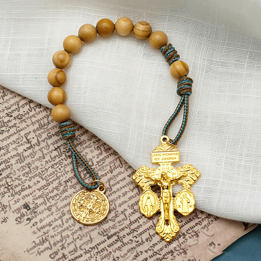 St. Benedict Medal & Crucifix of 10 mm Round Golden Olive Wood Nylon Cord Pocket Rosary