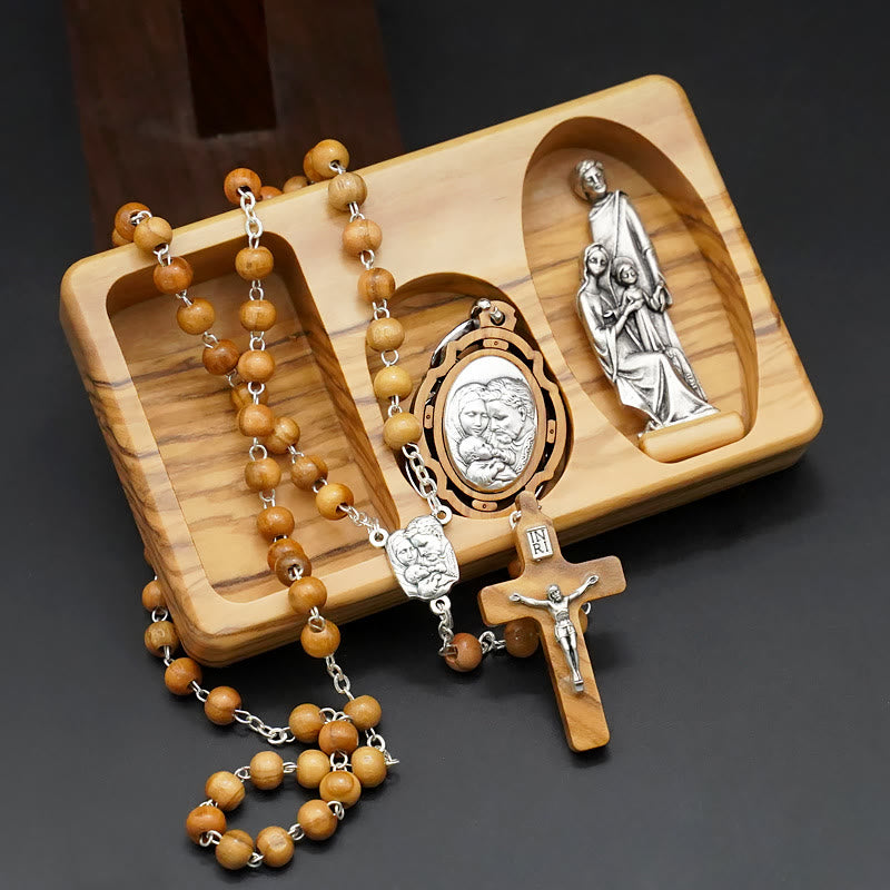 Handmade Religious Devotional Olive Wood Holy Family Rosary Set