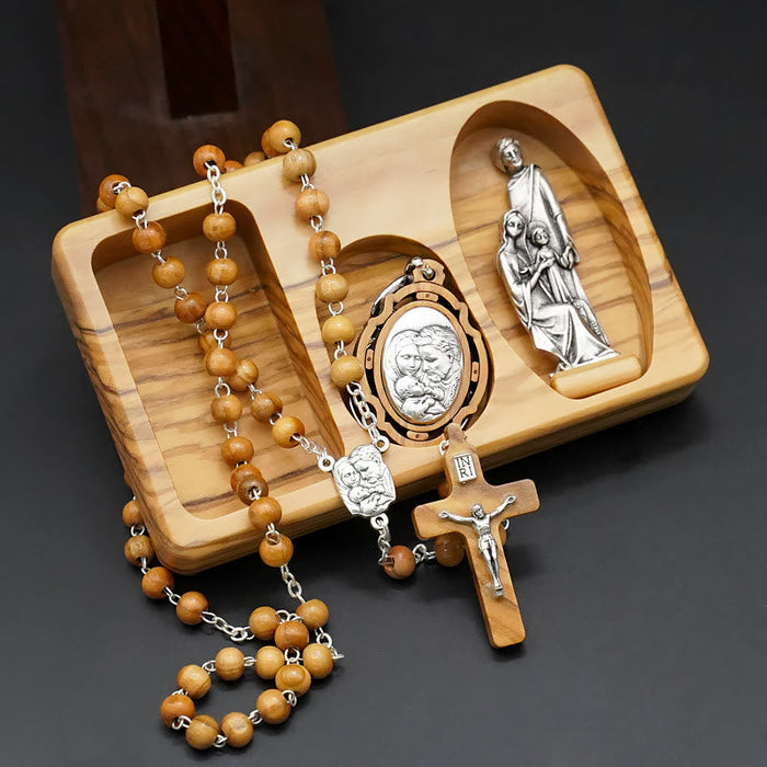 Handmade Religious Devotional Olive Wood Holy Family Rosary Set