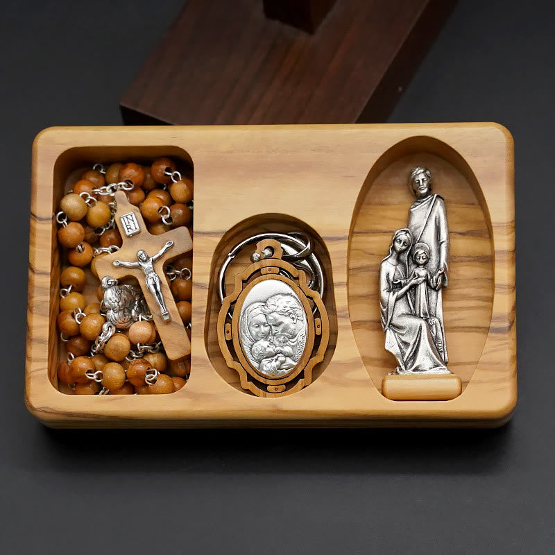 Handmade Religious Devotional Olive Wood Holy Family Rosary Set