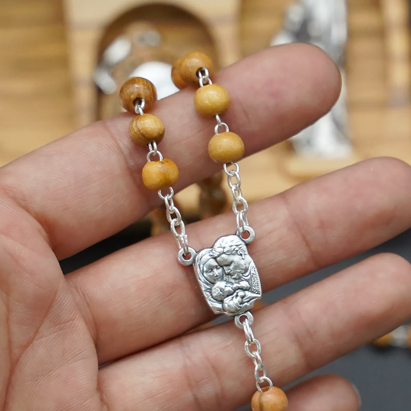 Handmade Religious Devotional Olive Wood Holy Family Rosary Set