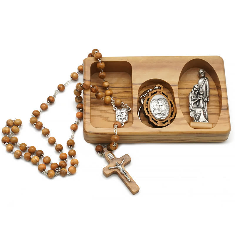 Handmade Religious Devotional Olive Wood Holy Family Rosary Set