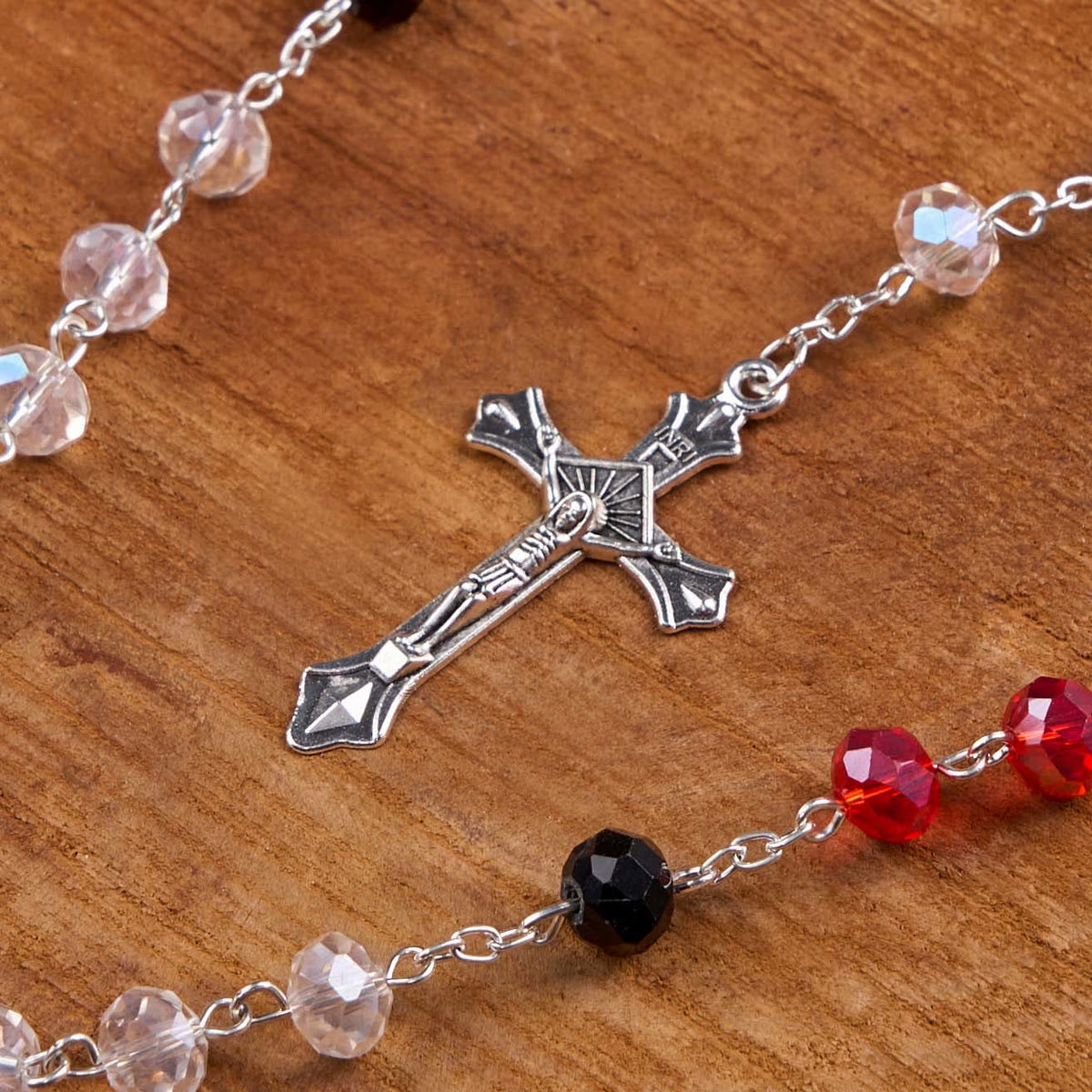 Miraculous Medal & Crucifix of 6 mm Polyhedron Multicolor Crystal Alloy Chain Rosary