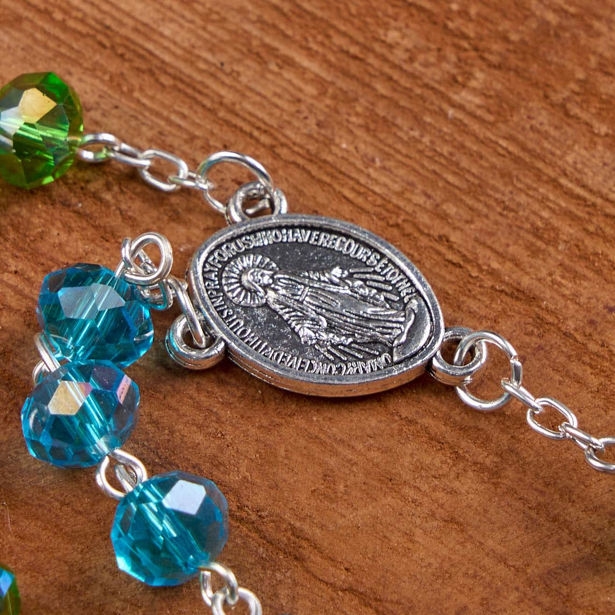 Miraculous Medal & Crucifix of 6 mm Polyhedron Multicolor Crystal Alloy Chain Rosary