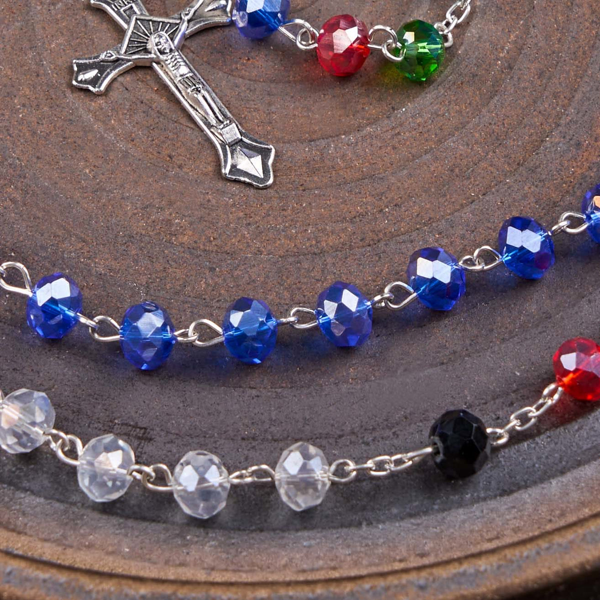Miraculous Medal & Crucifix of 6 mm Polyhedron Multicolor Crystal Alloy Chain Rosary
