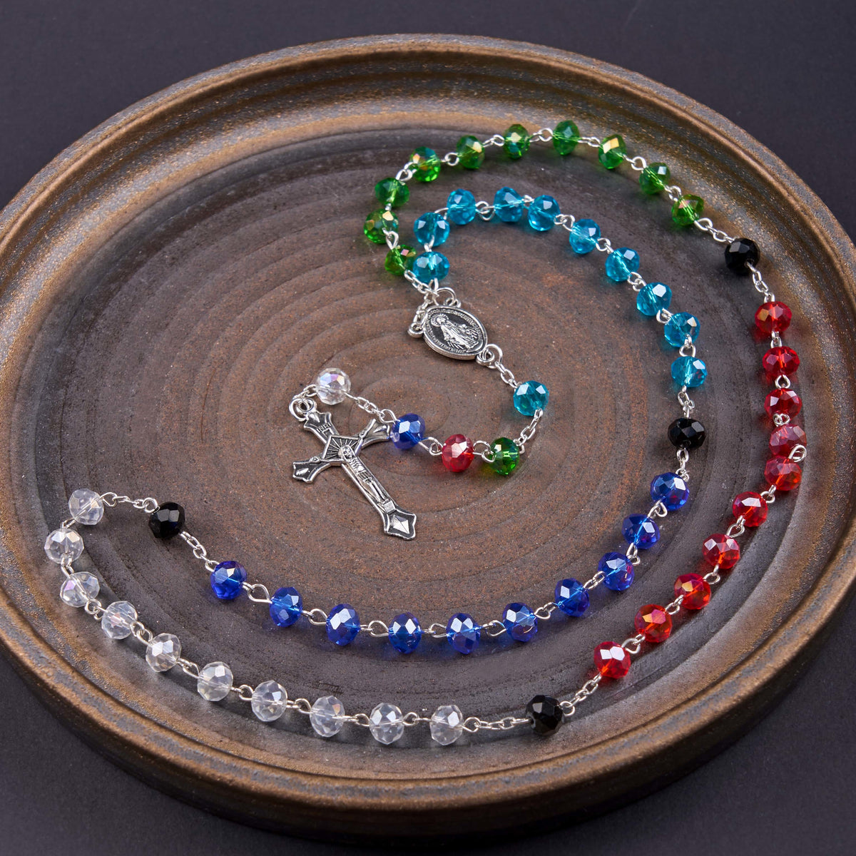 Miraculous Medal & Crucifix of 6 mm Polyhedron Multicolor Crystal Alloy Chain Rosary