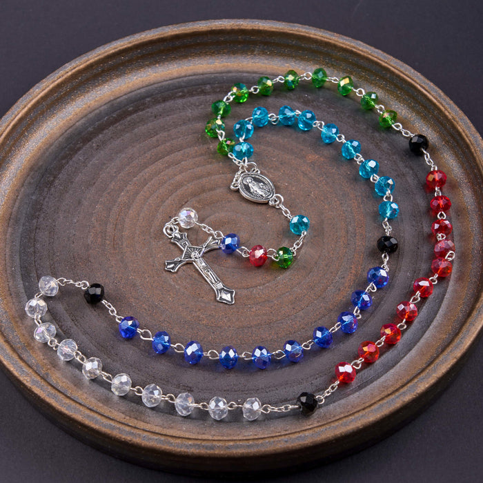 Miraculous Medal & Crucifix of 6 mm Polyhedron Multicolor Crystal Alloy Chain Rosary
