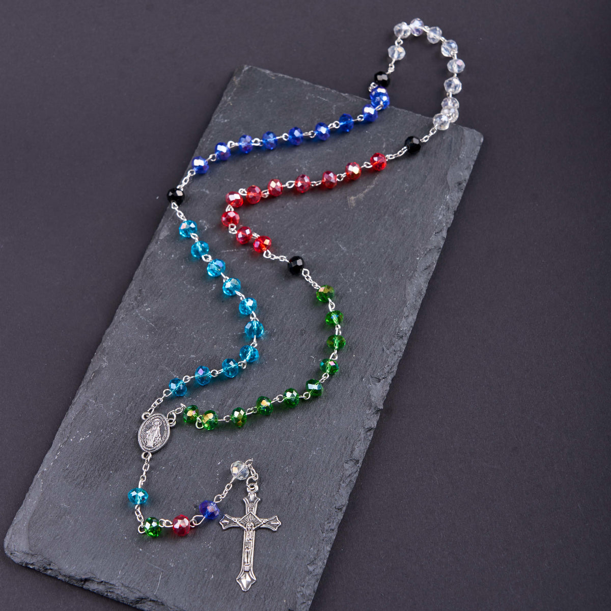 Miraculous Medal & Crucifix of 6 mm Polyhedron Multicolor Crystal Alloy Chain Rosary