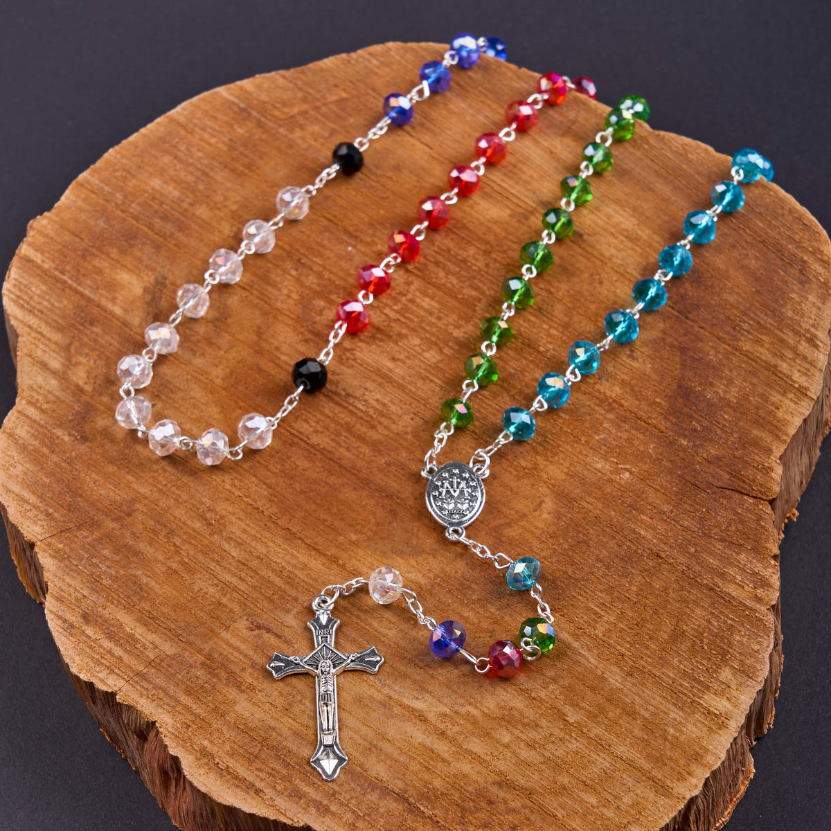 Miraculous Medal & Crucifix of 6 mm Polyhedron Multicolor Crystal Alloy Chain Rosary
