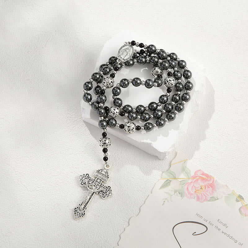 Miraculous Medal & Crucifix of 8 mm Round Black Gallstone Nylon Cord Rosary