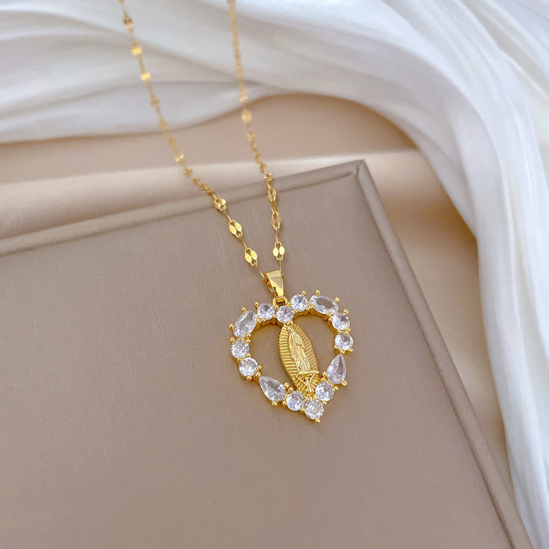 Luxury Style Heart-shaped Gemstone Encrusted Our Lady of Guadalupe Pendant Necklace