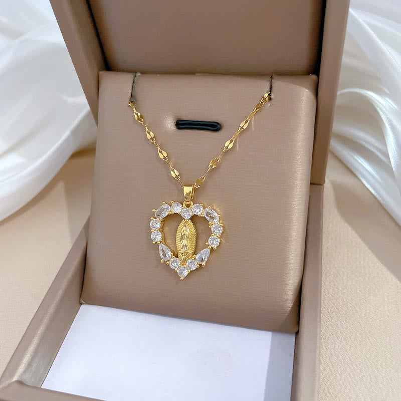 Luxury Style Heart-shaped Gemstone Encrusted Our Lady of Guadalupe Pendant Necklace