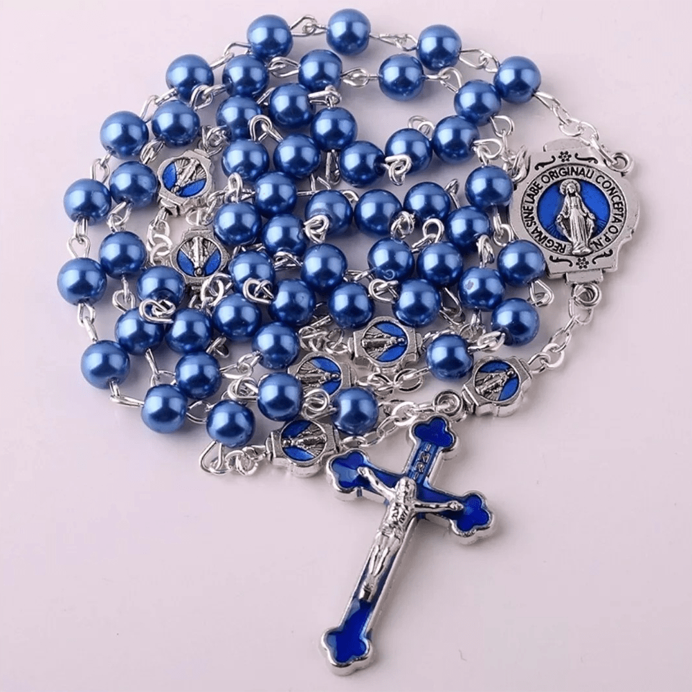 Miraculous Medal & Crucifix of 6 mm Round Blue Glass Alloy Chain Rosary