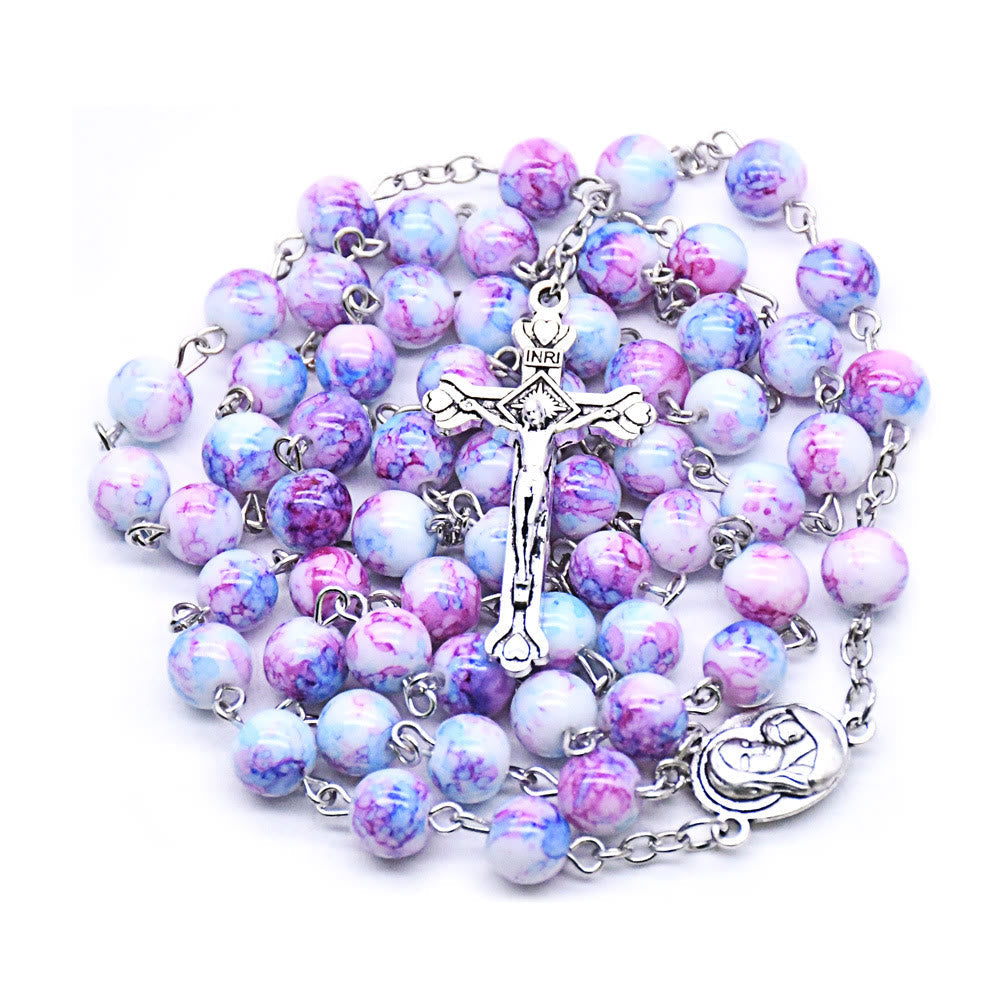Madonna and Child & Crucifix of 6 mm Round Purple Glass Alloy Chain Rosary