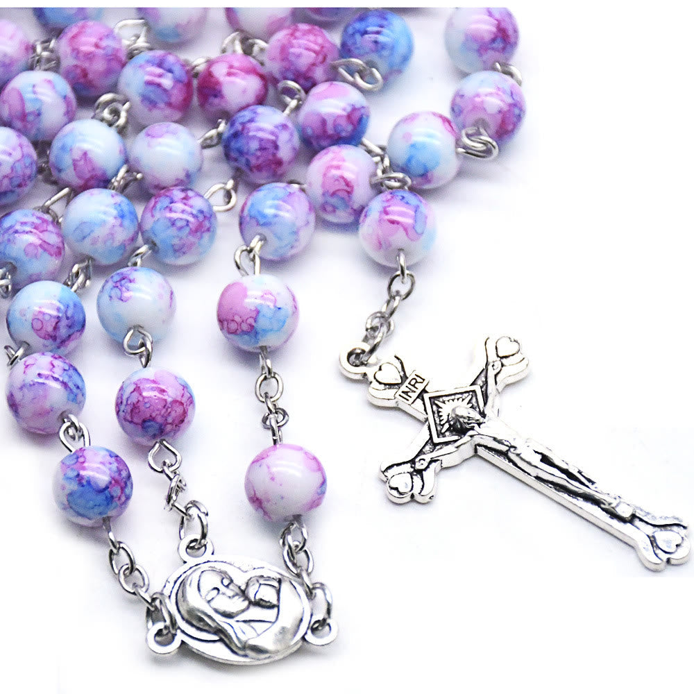 Madonna and Child & Crucifix of 6 mm Round Purple Glass Alloy Chain Rosary