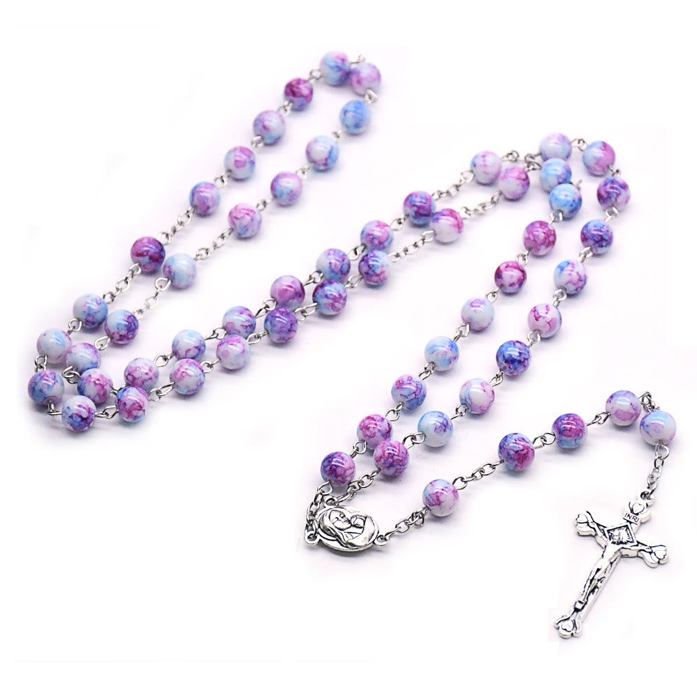 Madonna and Child & Crucifix of 6 mm Round Purple Glass Alloy Chain Rosary
