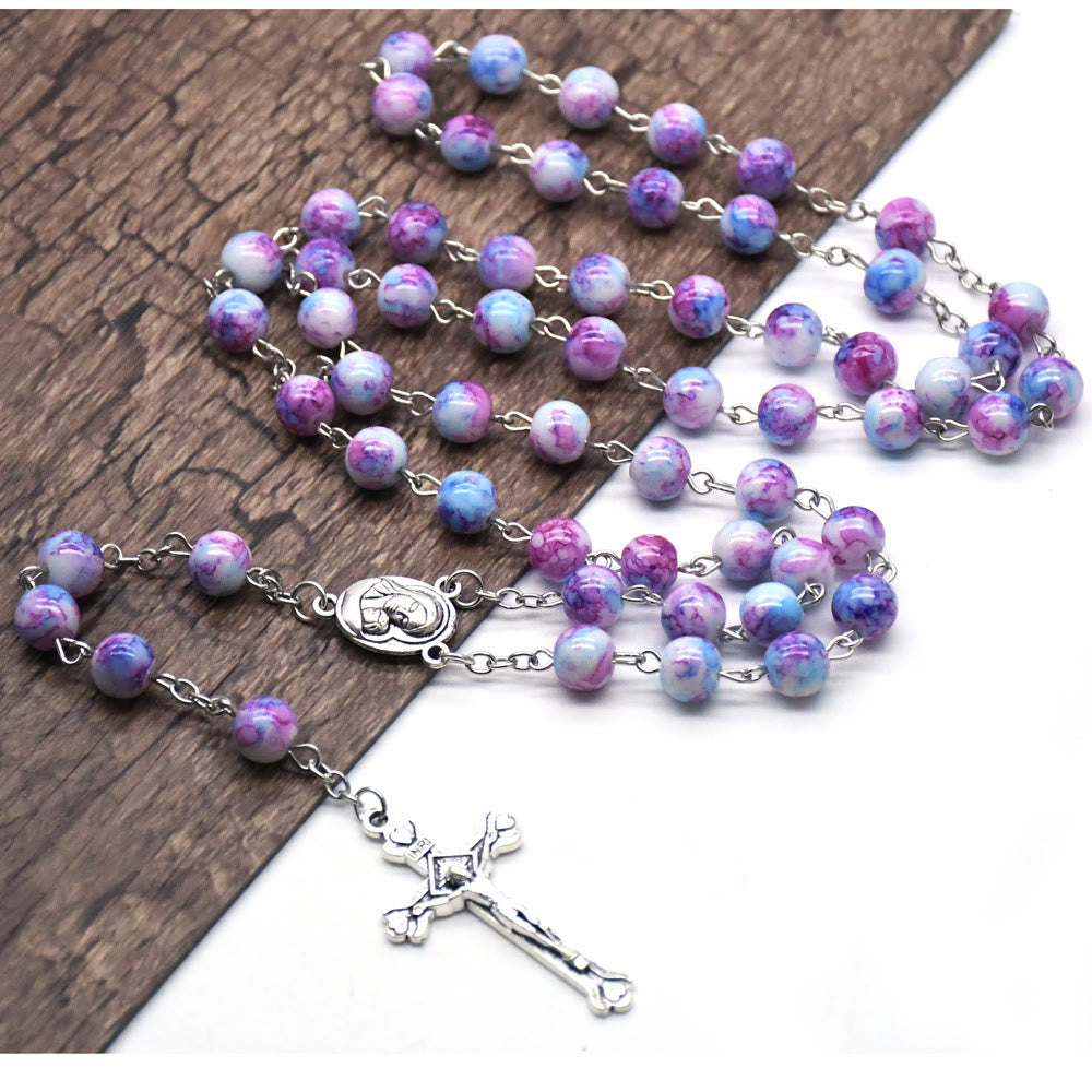 Madonna and Child & Crucifix of 6 mm Round Purple Glass Alloy Chain Rosary