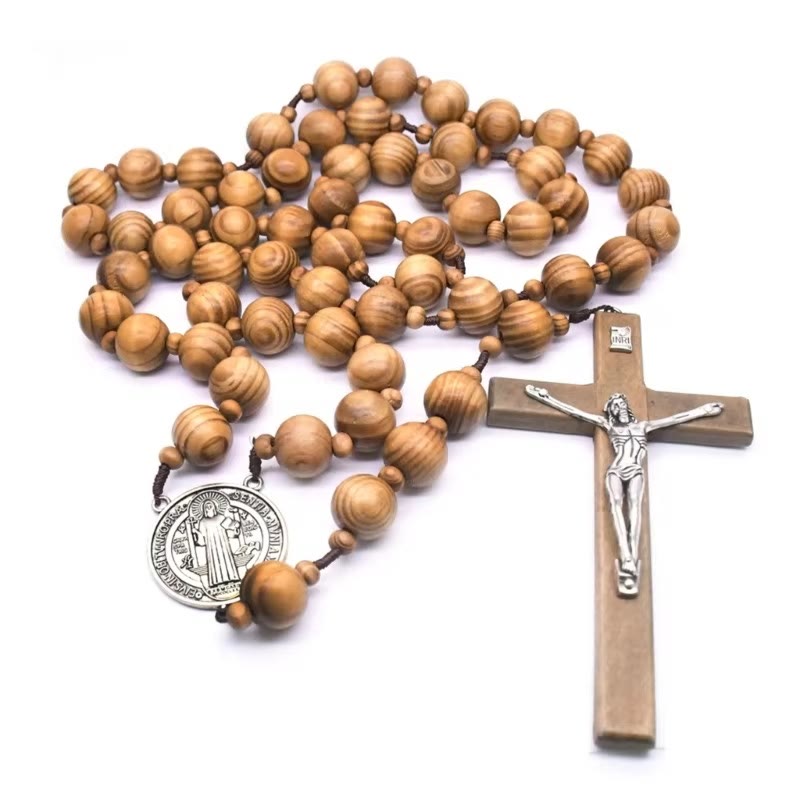 St. Benedict Medal & Crucifix of 15 mm Round Brown Wood Nylon Cord Wall Hanging Rosary