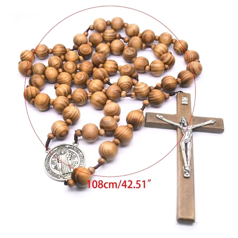 St. Benedict Medal & Crucifix of 15 mm Round Brown Wood Nylon Cord Wall Hanging Rosary