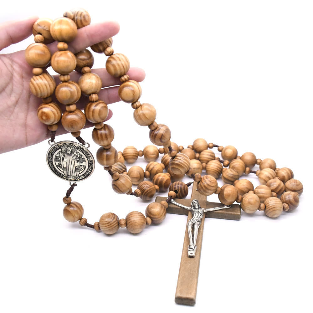 St. Benedict Medal & Crucifix of 15 mm Round Brown Wood Nylon Cord Wall Hanging Rosary