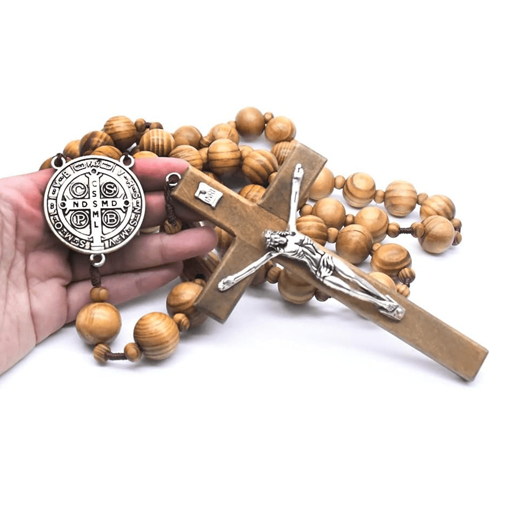 St. Benedict Medal & Crucifix of 15 mm Round Brown Wood Nylon Cord Wall Hanging Rosary