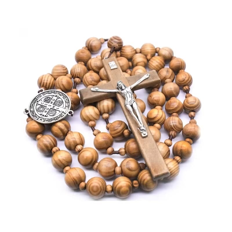 St. Benedict Medal & Crucifix of 15 mm Round Brown Wood Nylon Cord Wall Hanging Rosary