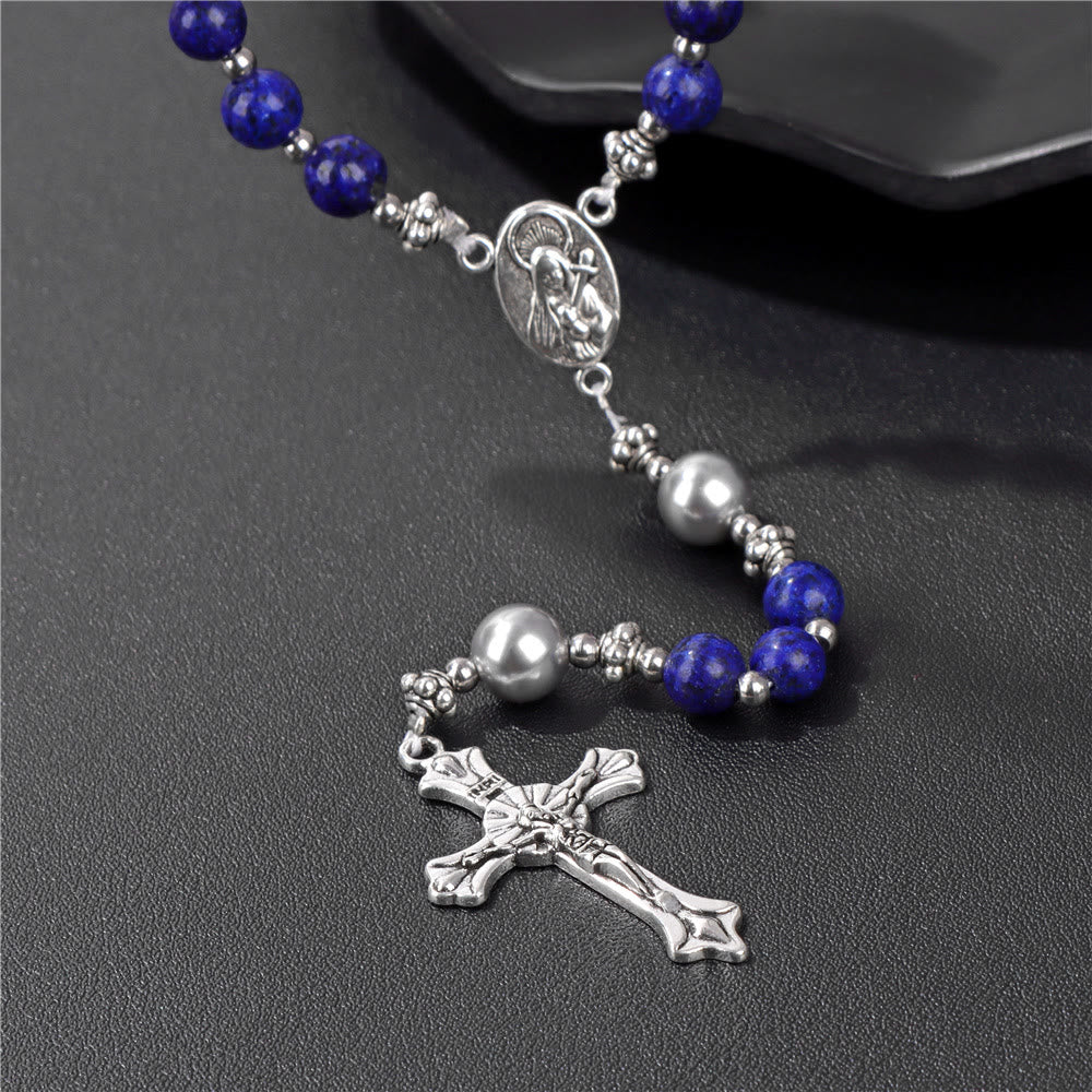 Natural Stone & Pearl Our Lady Medal Prayer Rosary