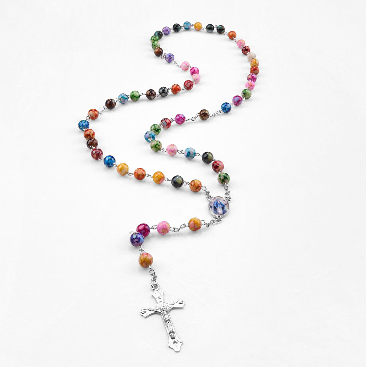 Assumption of Our Lady & Crucifix of 8 mm Round Multicolor Acrylic Alloy Chain Rosary