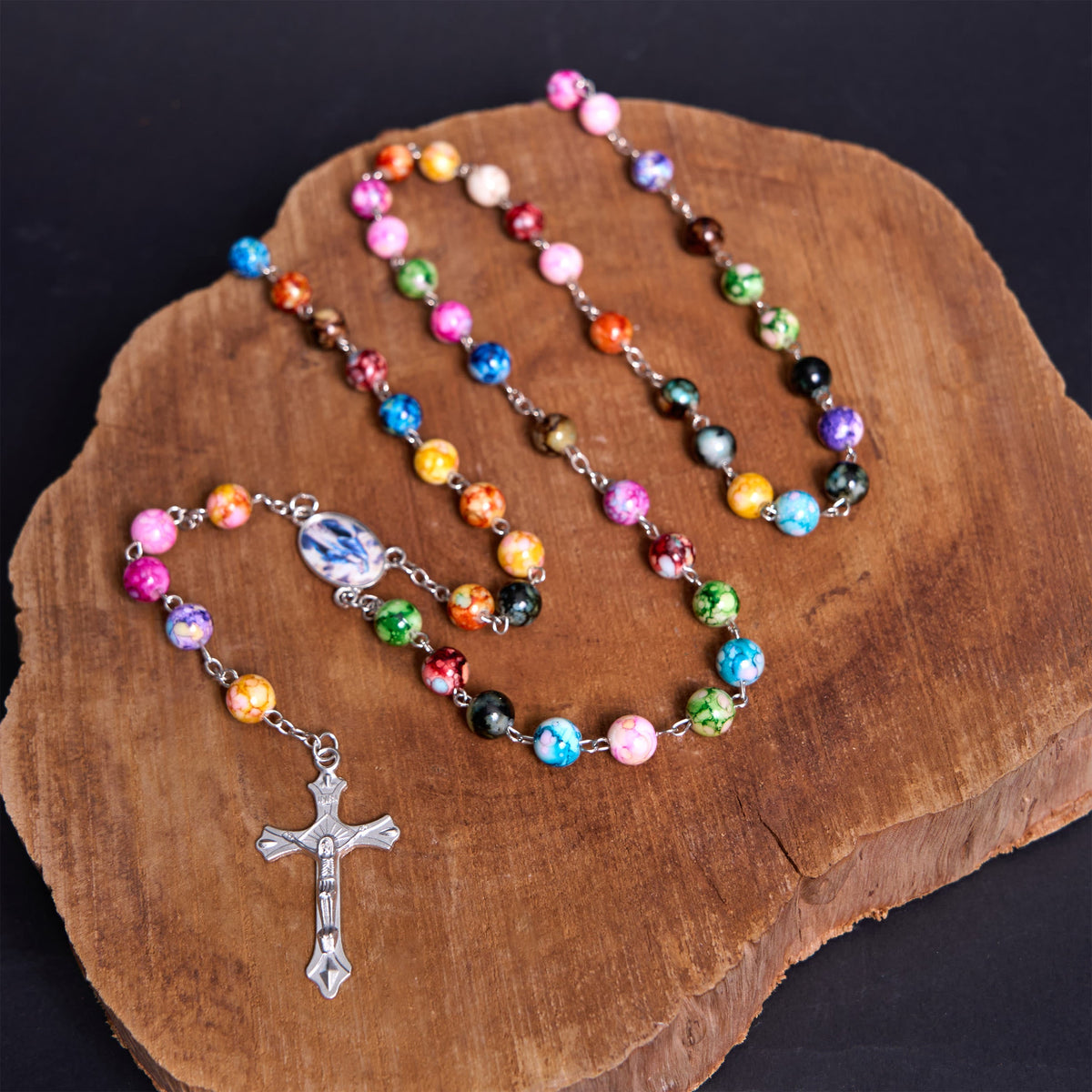 Assumption of Our Lady & Crucifix of 8 mm Round Multicolor Acrylic Alloy Chain Rosary
