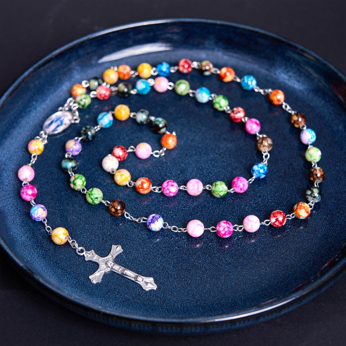 Assumption of Our Lady & Crucifix of 8 mm Round Multicolor Acrylic Alloy Chain Rosary
