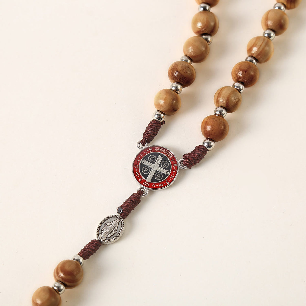 Miraculous Medal & St. Benedict Medal & Crucifix of 10 mm Round Brown Wood Nylon Cord Rosary