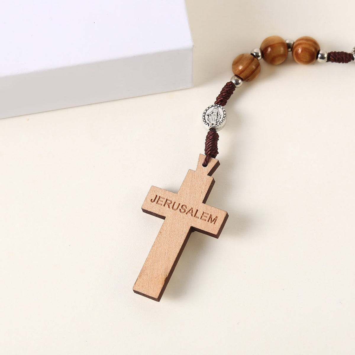 Miraculous Medal & St. Benedict Medal & Crucifix of 10 mm Round Brown Wood Nylon Cord Rosary