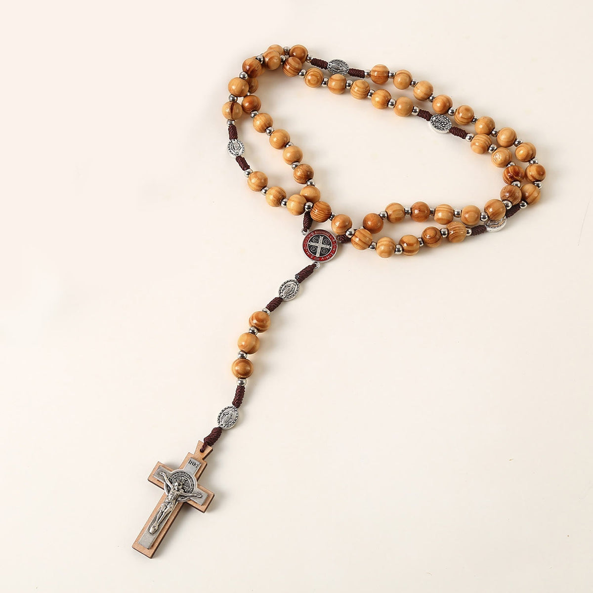 Miraculous Medal & St. Benedict Medal & Crucifix of 10 mm Round Brown Wood Nylon Cord Rosary