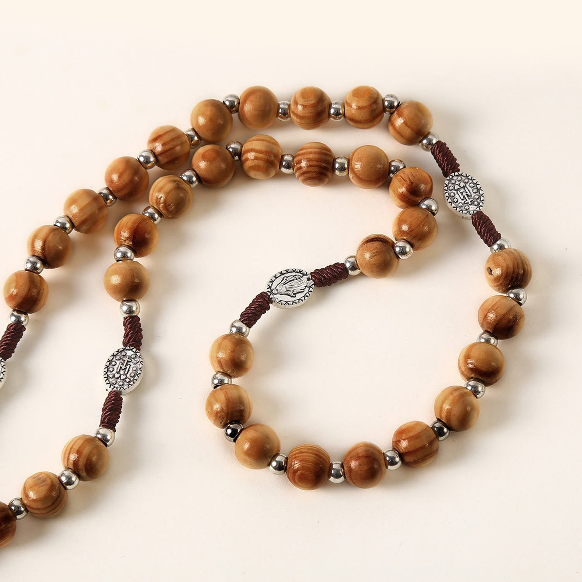 Miraculous Medal & St. Benedict Medal & Crucifix of 10 mm Round Brown Wood Nylon Cord Rosary