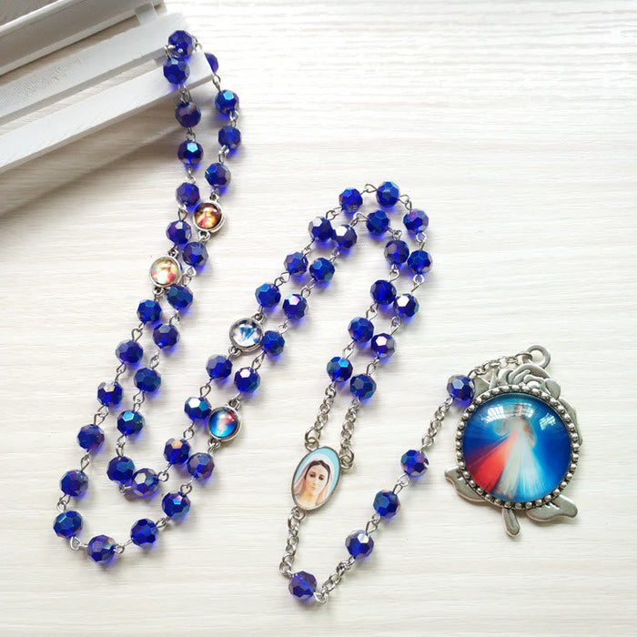 Our Lady of Fátima & Sacred Heart of Jesus of 6 mm Polyhedron Blue Crystal Alloy Chain Rosary