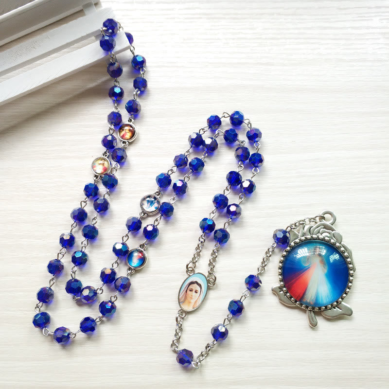 Our Lady of Fátima & Sacred Heart of Jesus of 6 mm Polyhedron Blue Crystal Alloy Chain Rosary