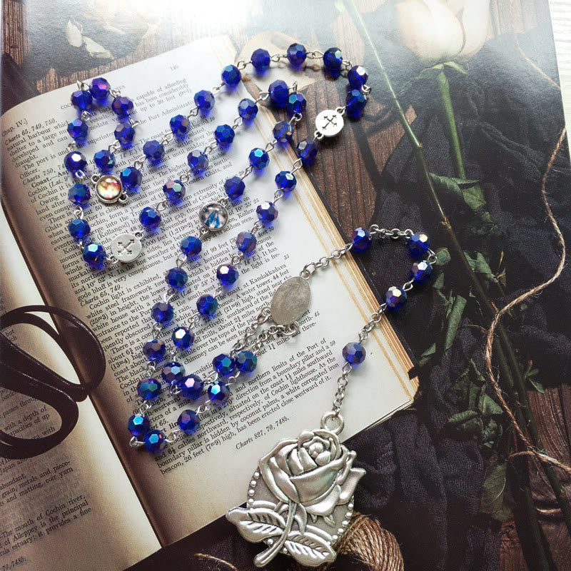 Our Lady of Fátima & Sacred Heart of Jesus of 6 mm Polyhedron Blue Crystal Alloy Chain Rosary