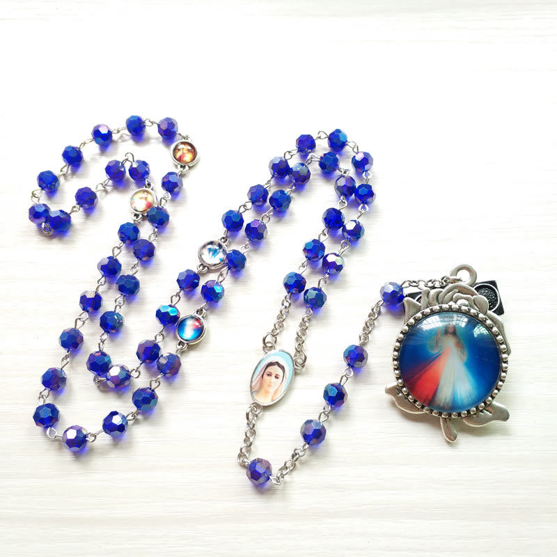 Our Lady of Fátima & Sacred Heart of Jesus of 6 mm Polyhedron Blue Crystal Alloy Chain Rosary